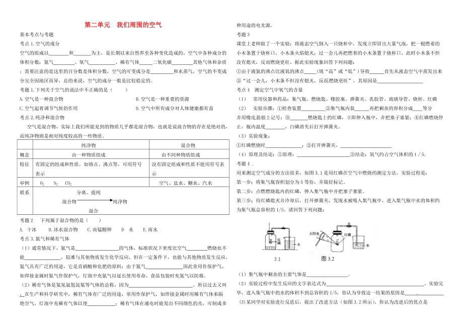 辽宁省葫芦岛市海滨九年一贯制学校九年级化学上册《第二单元 我们周围的空气》基本考点练习（无答案）（新版）新人教版_第1页