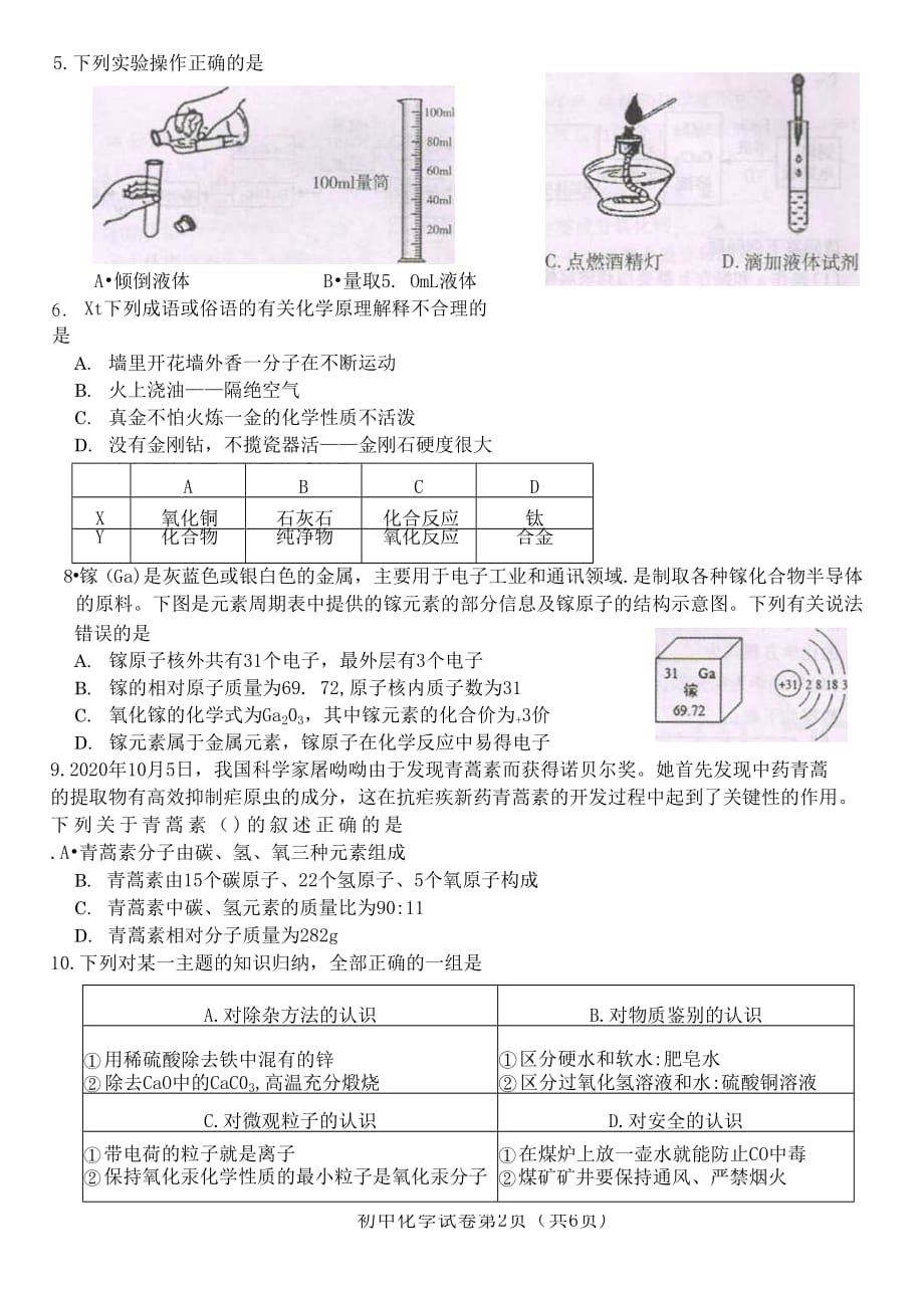 江苏省无锡市2020年九年级化学学业质量抽测试题（无答案） 新人教版_第2页