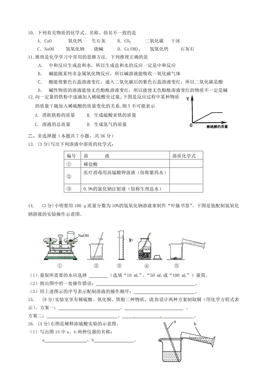 江苏省赣榆县2020届九年级化学4月质量检测试题（一）（无答案） 苏教版_第2页