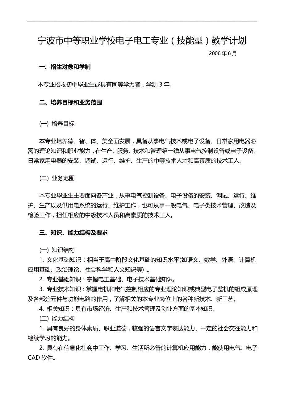 2020（电子行业企业管理）宁波市中等职业学校电子电工专业(技能型)教学计划_第1页