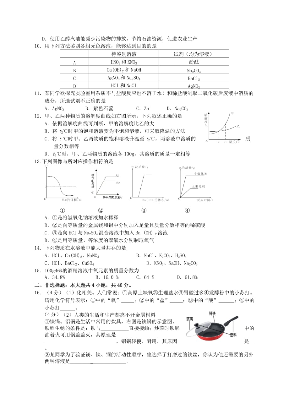 江苏省阜宁县实验初中2020届九年级化学最后热身冲刺模考试题（无答案）_第2页