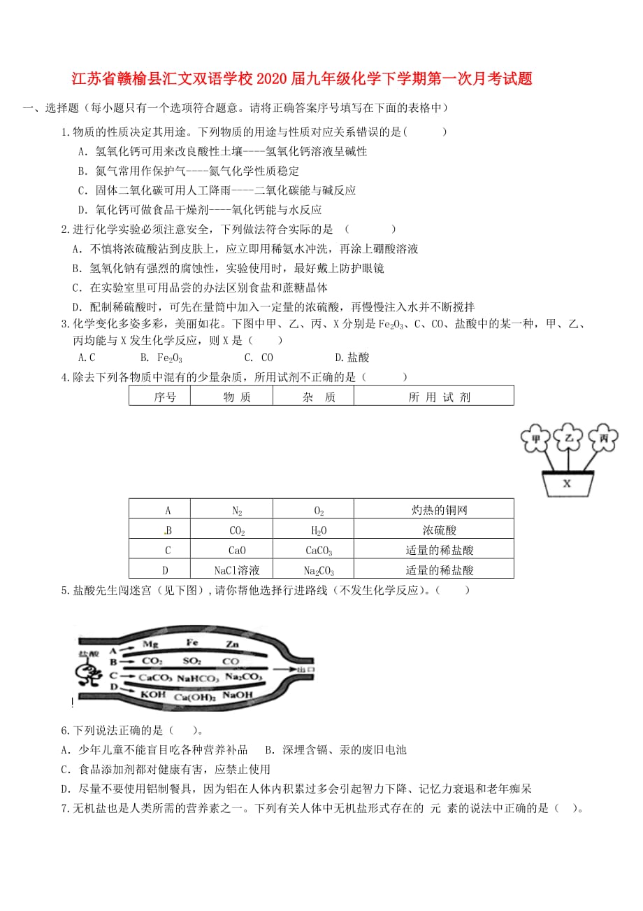 江苏省赣榆县汇文双语学校2020届九年级化学下学期第一次月考试题（无答案）_第1页