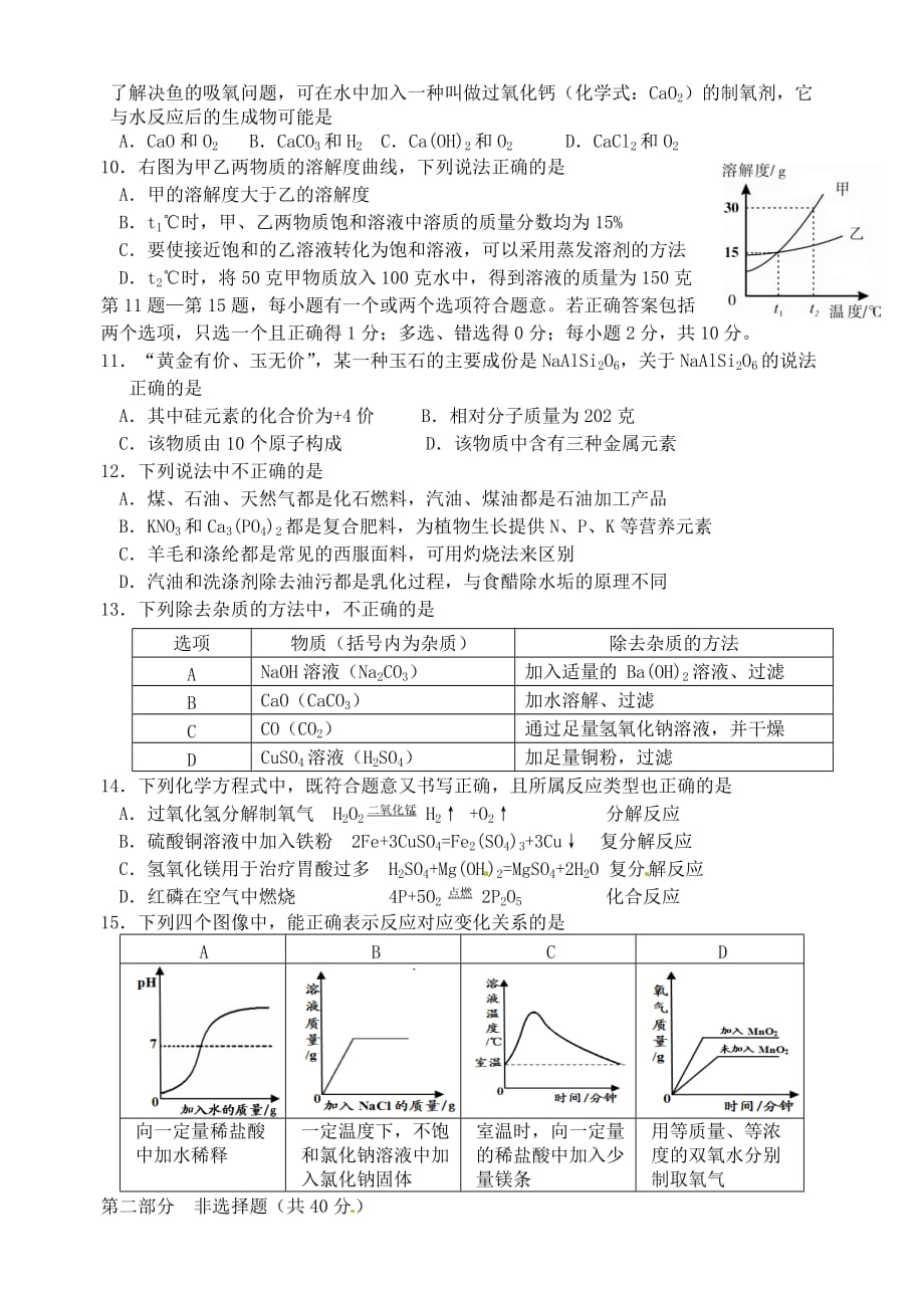 江苏省连云港市灌云县穆圩中学2020届九年级化学复习试题（1）（无答案）_第2页