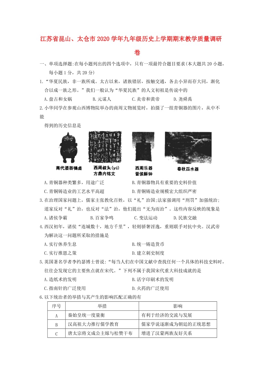 江苏省昆山、太仓市2020学年九年级历史上学期期末教学质量调研卷_第1页