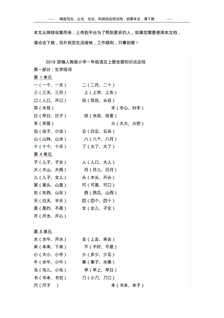 2019部编人教版小学一年级语文上册全册知识点总结 精品_第1页