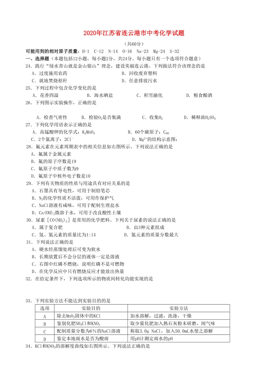 江苏省连云港市2020年中考化学真题试题(1)_第1页