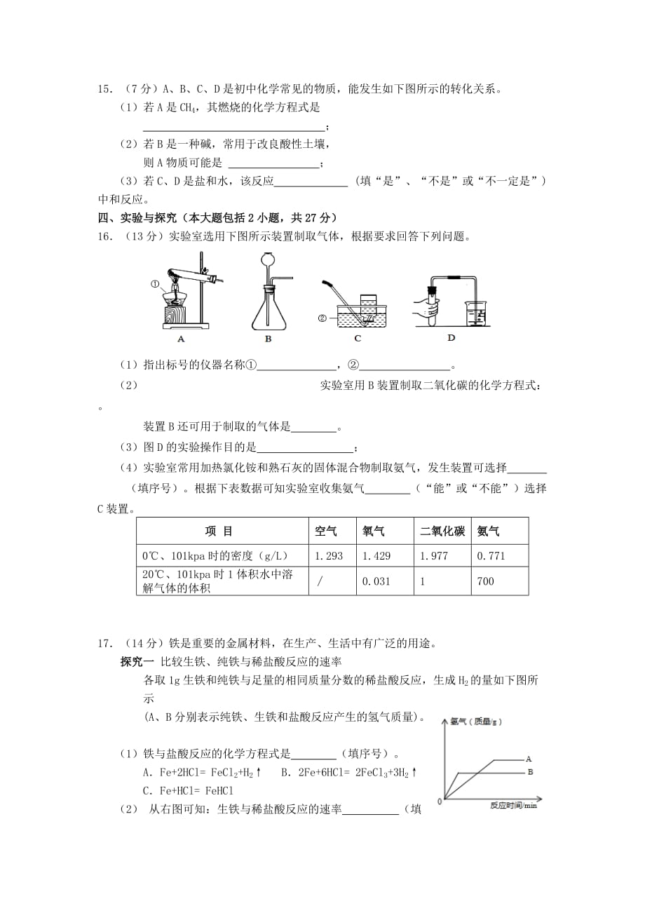 福建省宁德市2020届九年级化学5月质检试题（无答案）_第3页