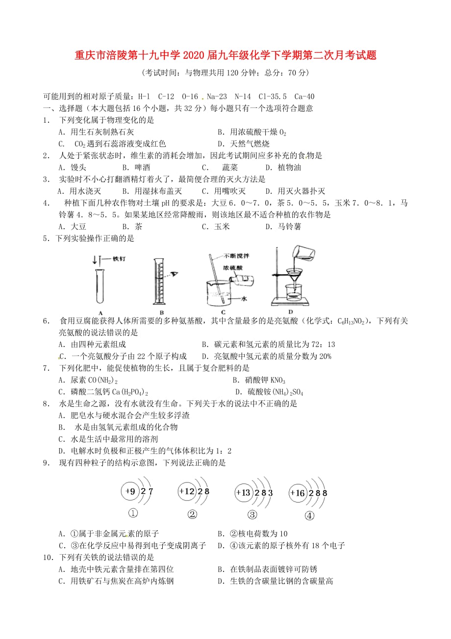 重庆市涪陵第十九中学2020届九年级化学下学期第二次月考试题（无答案）_第1页