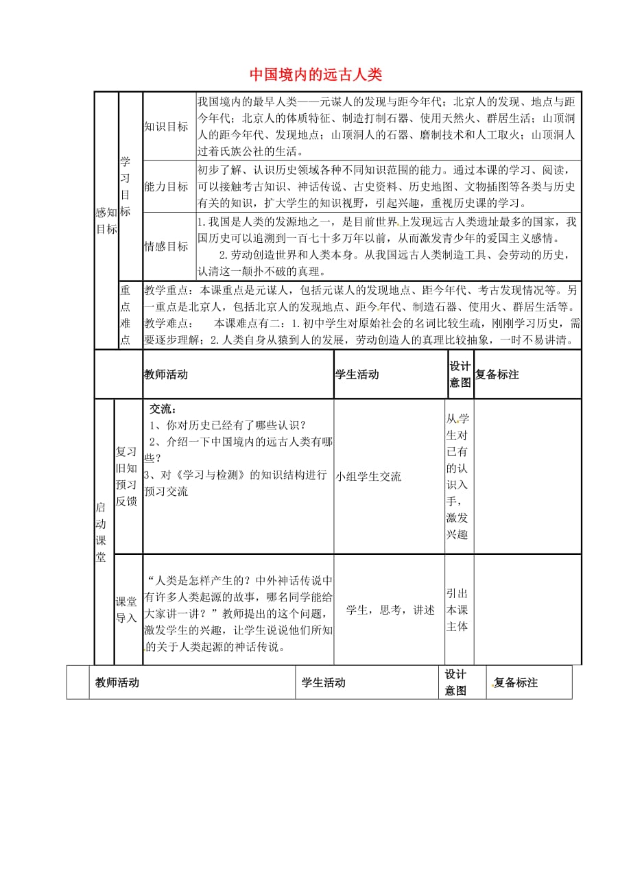 山东省邹平县七年级历史上册 第1课 中华大地的远古人类学案（无答案） 北师大版_第1页