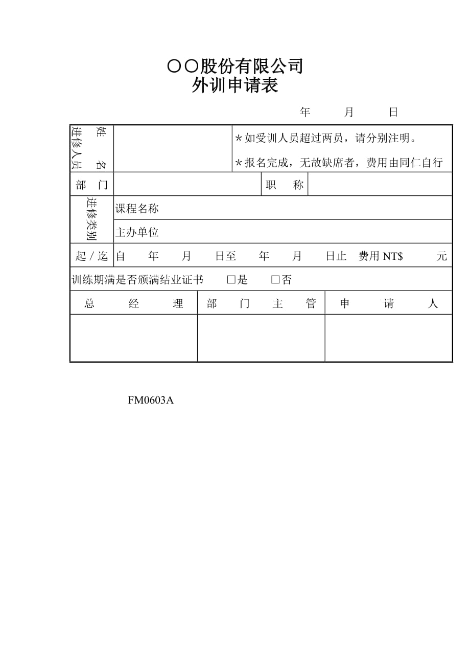 《精编》现代企业外训申请表_第1页