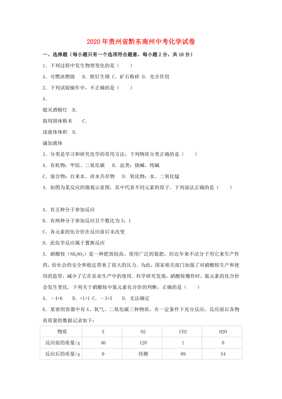 贵州省黔东南州2020年中考理综（化学部分）真题试题（含解析）(1)_第1页