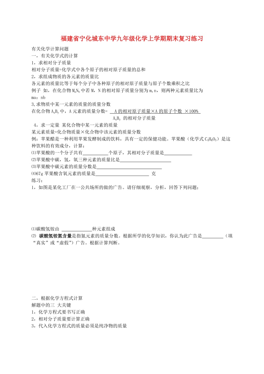 福建省宁化城东中学九年级化学上学期期末复习练习（无答案） 新人教版_第1页