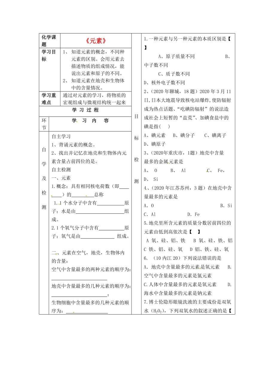 江苏省连云港东海县平明镇中学九年级化学《元素》学案1（无答案） 苏教版_第1页