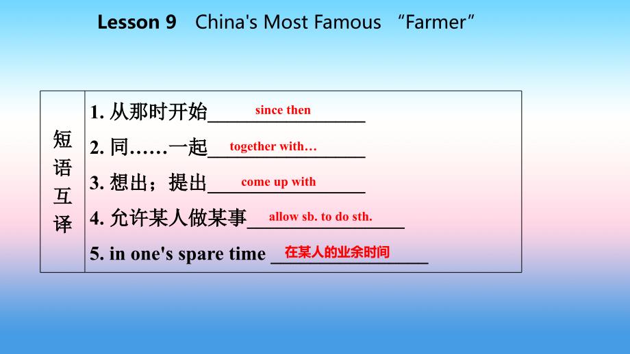 2018年秋九年级英语上册 Unit 2 Great People Lesson 9 China’s Most Famous“Farmer”导学课件 （新版）冀教版_第4页