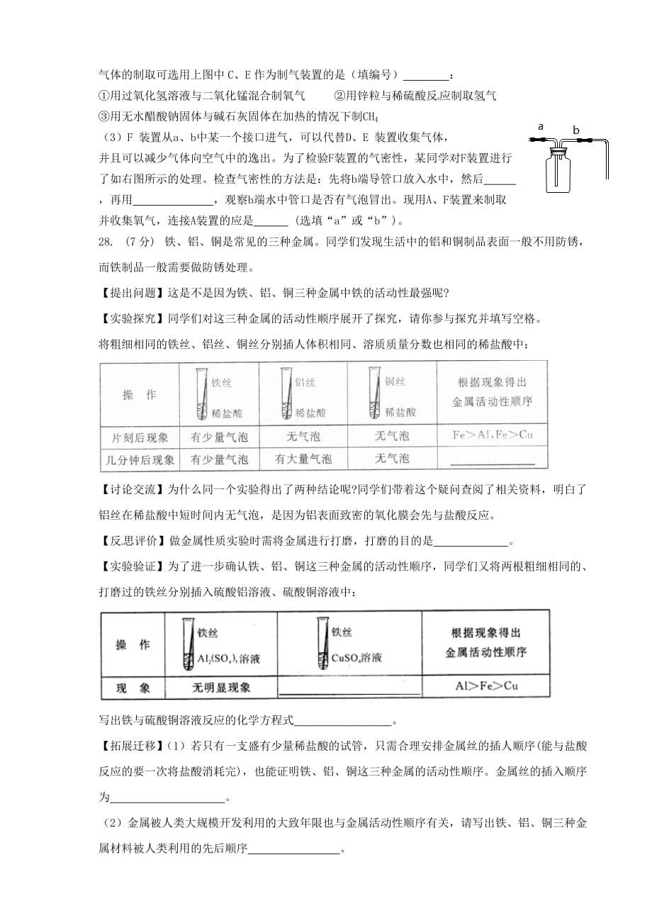 陕西省西安市第二十三中学2020届九年级化学寒假模拟测试试题（无答案）_第5页