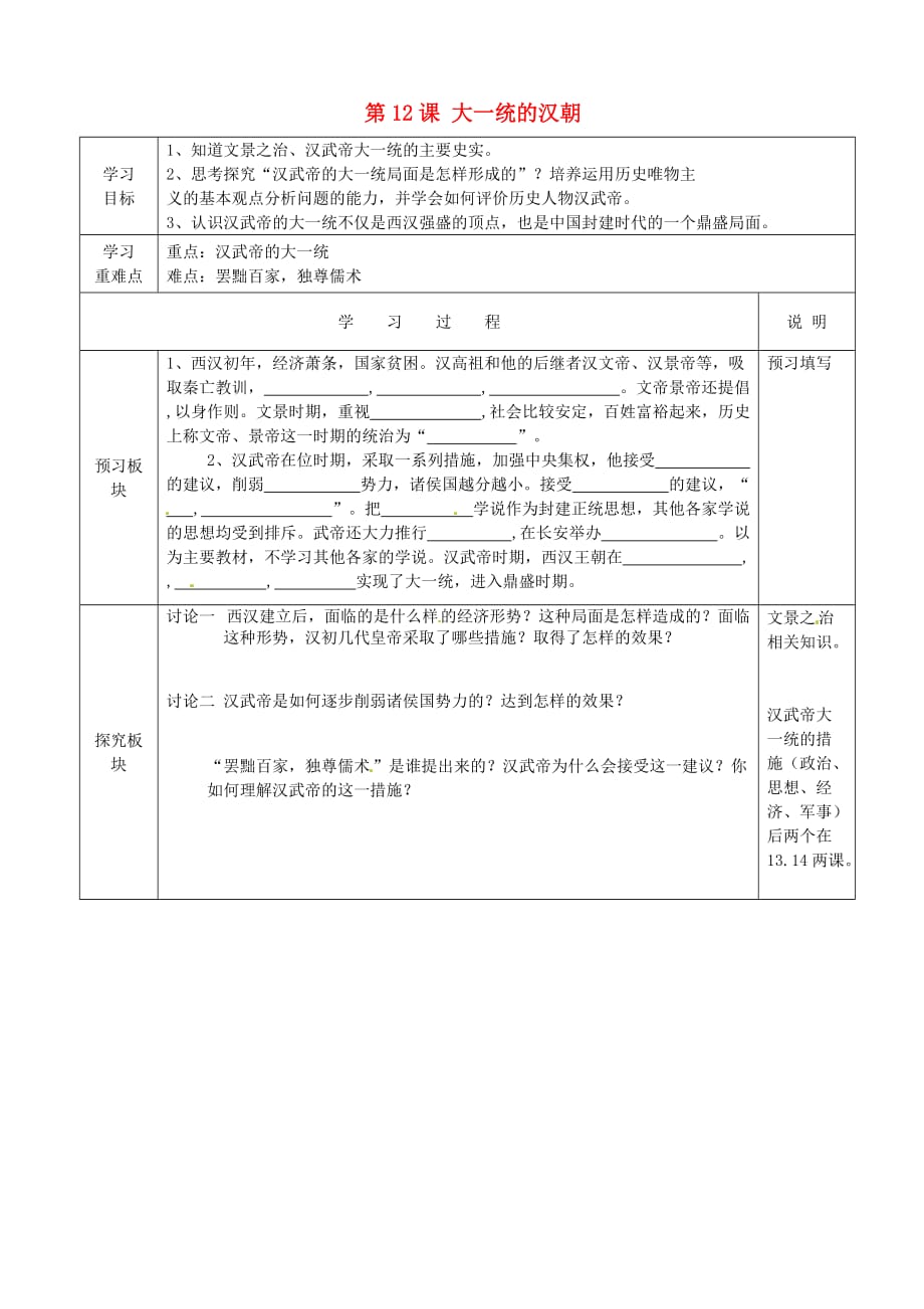 江苏省徐州市中小学教学研究室七年级历史上册 第12课 大一统的汉朝导学案（无答案） 新人教版_第1页