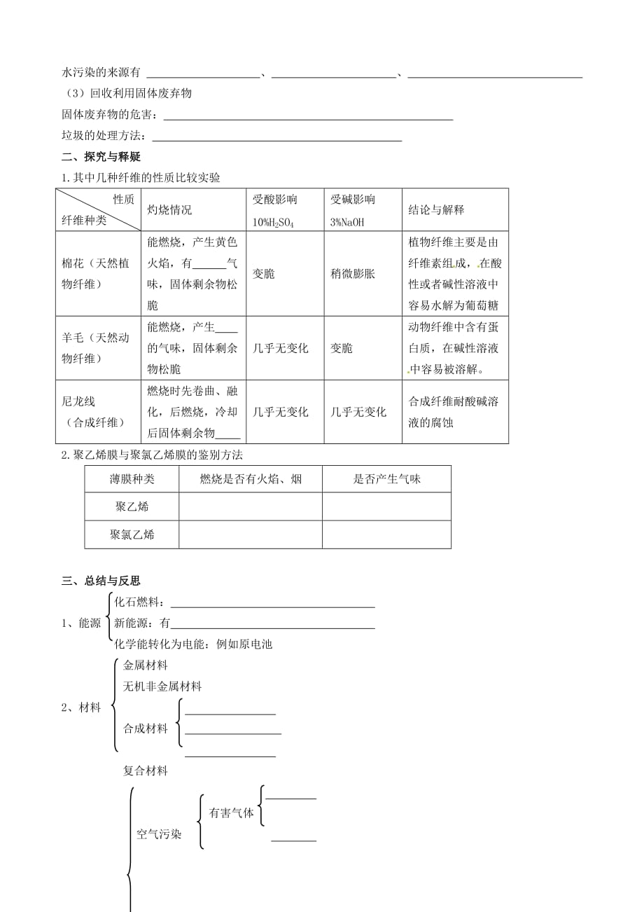 江苏省高邮市车逻初级中学2020届中考化学第一轮复习 第9章 化学与社会发展导学案（无答案）_第2页