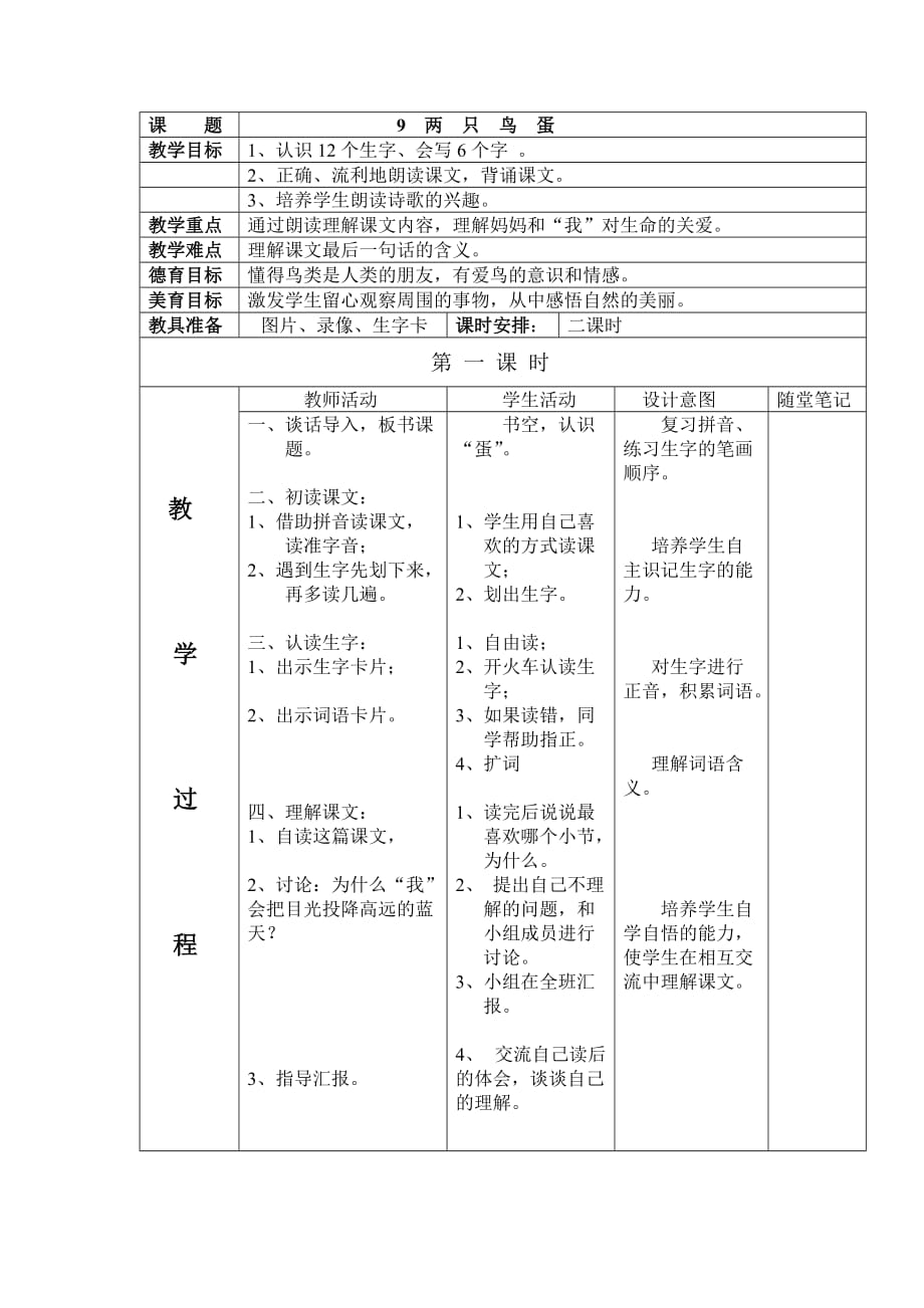 人教版小学语文一年级下册9两只鸟蛋教案- 精品_第1页