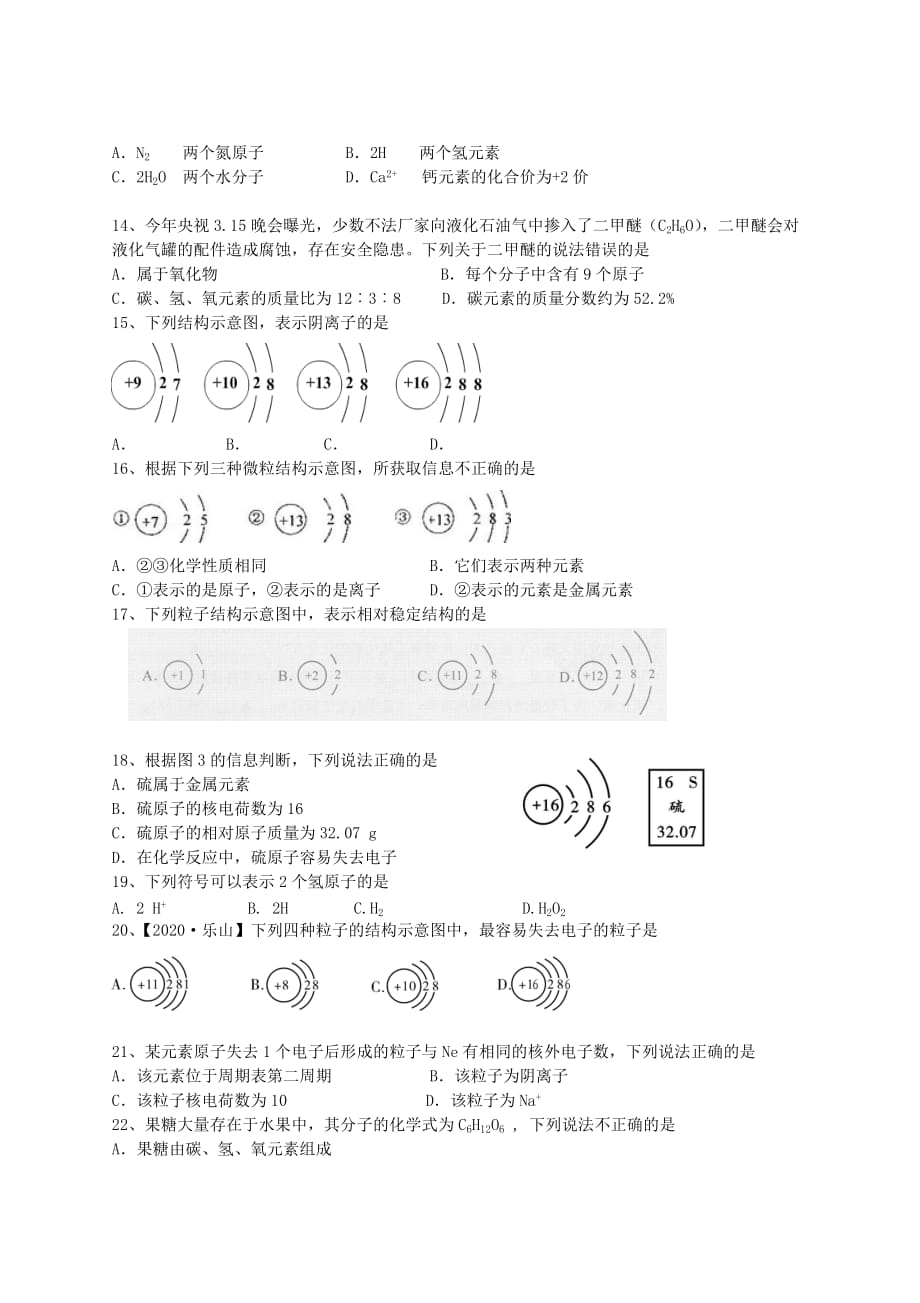 湖北省武汉市鲁巷中学2020中考化学专题训练1 化学用语（无答案）_第2页