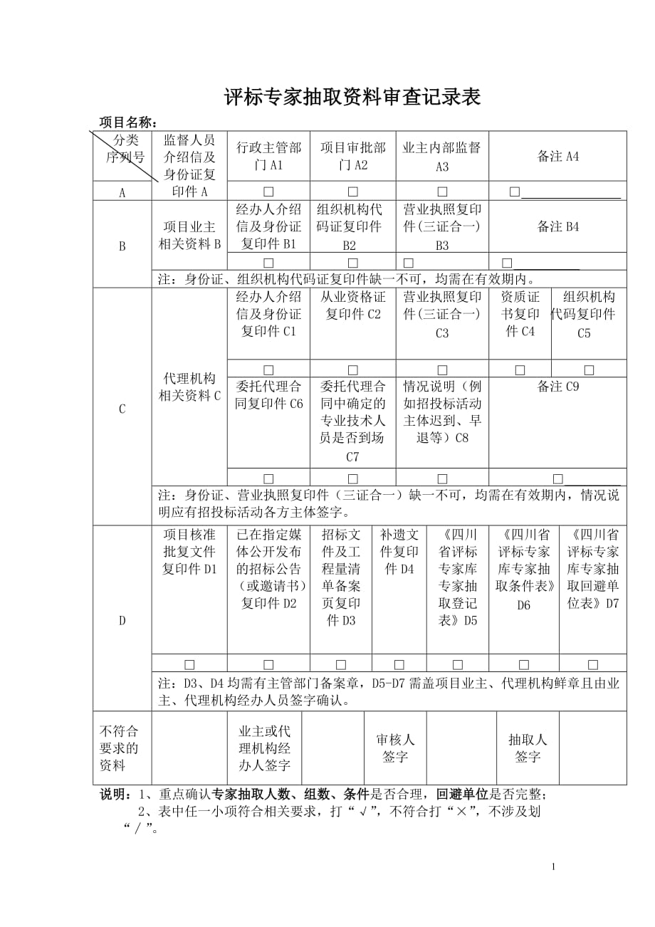 评标专家抽取资料审查记录表_第1页