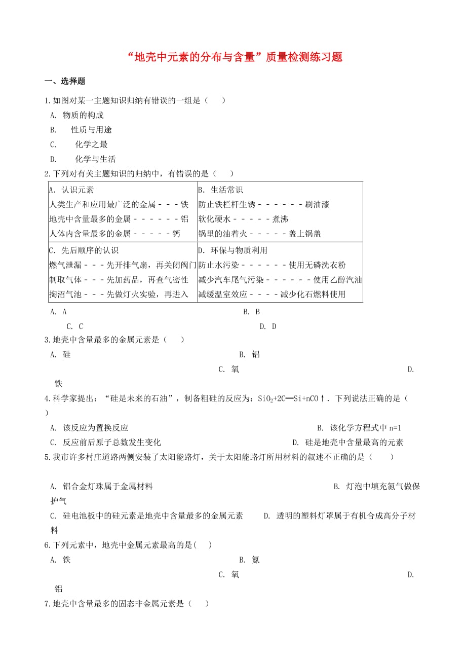 九年级化学2020地壳中元素的分布与含量2020质量检测练习题（无答案）（新版）新人教版_第1页