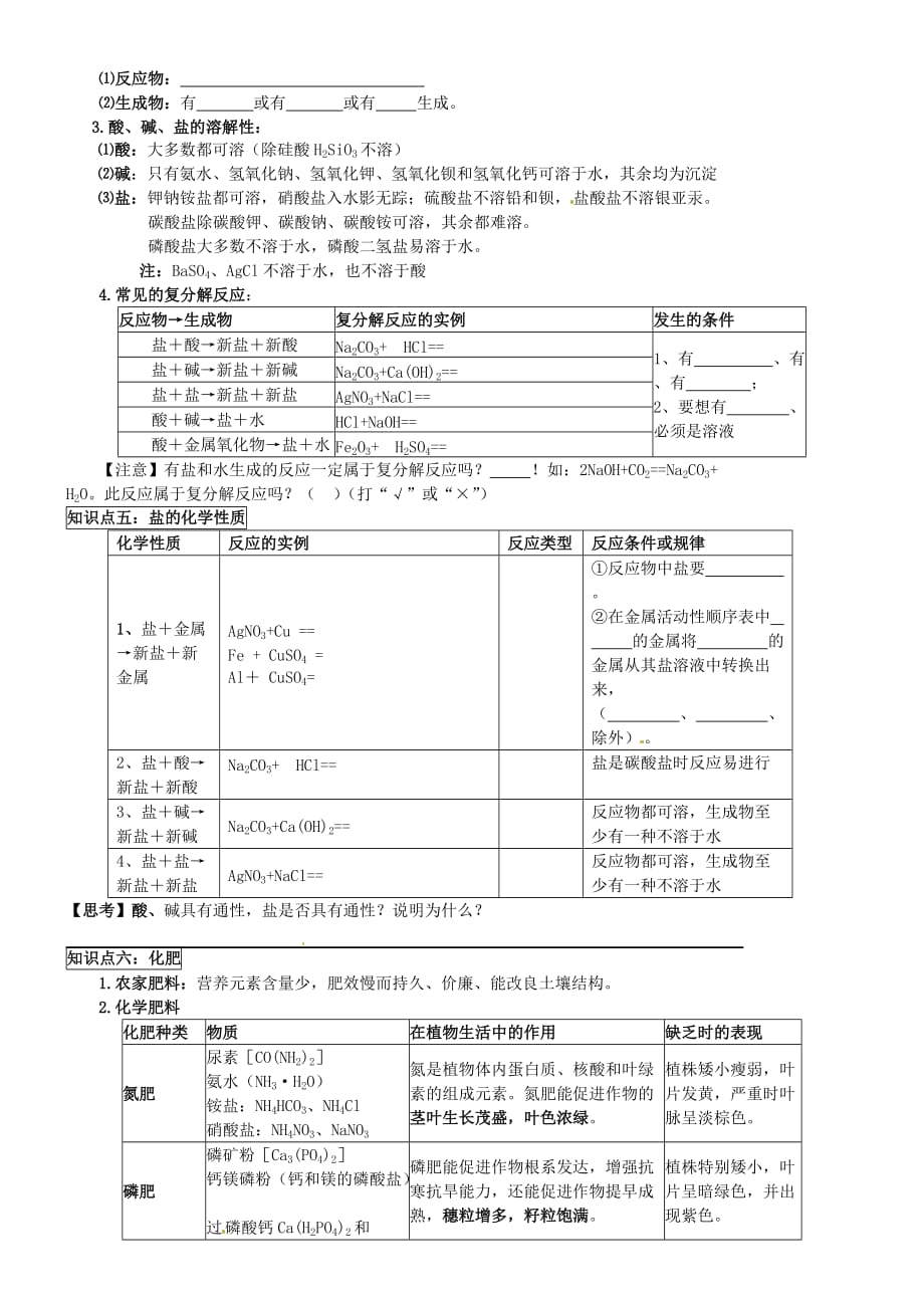 重庆市巴南区麻柳嘴镇先华初级中学九年级化学下册《11.4《盐_化肥》单元复习学案（无答案） 新人教版_第2页