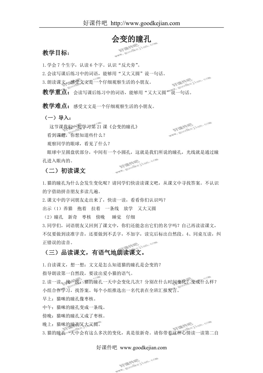 北京版一年级下册语文教案 会变的瞳孔教学设计_第1页
