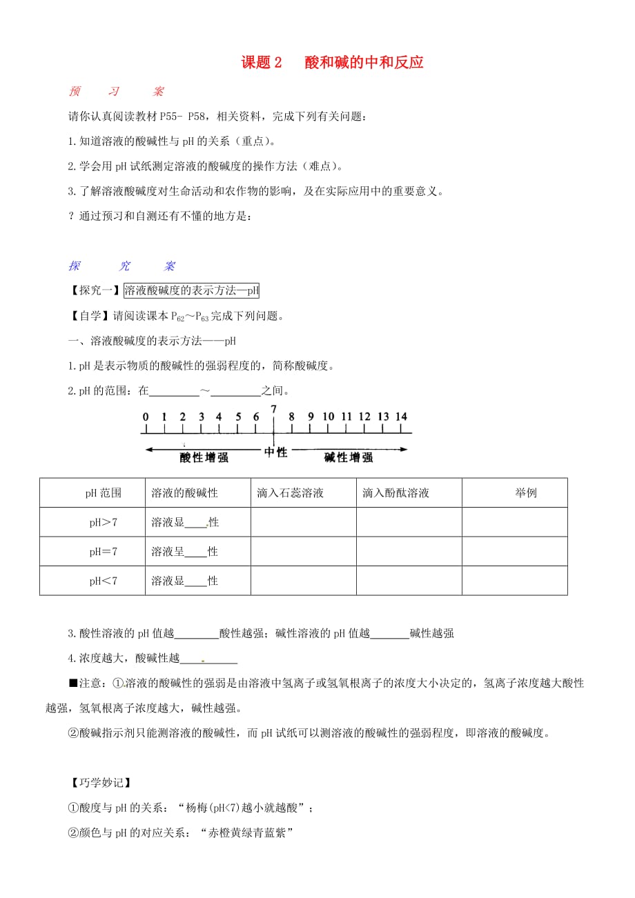 湖南省长沙市岳麓区学士街道学士中学九年级化学下册 第十单元 课题1 酸和碱的中和反应（第2课时）学案（无答案）（新版）新人教版_第1页