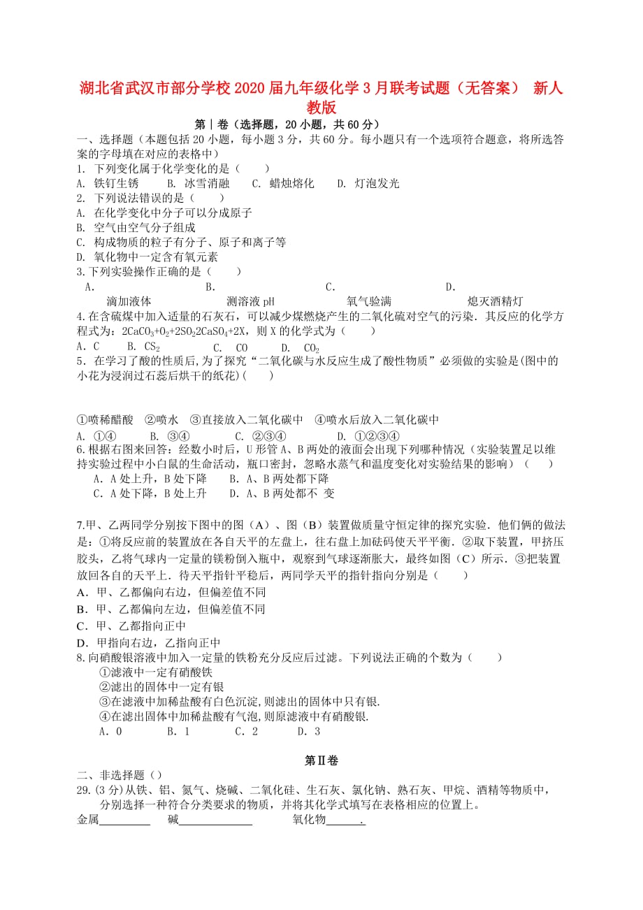 湖北省武汉市部分学校2020届九年级化学3月联考试题（无答案） 新人教版_第1页