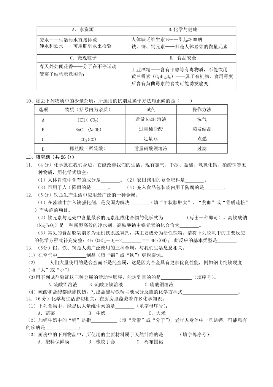 甘肃省武威市第四中学2020届九年级化学第一次模拟考试试题（无答案）_第2页