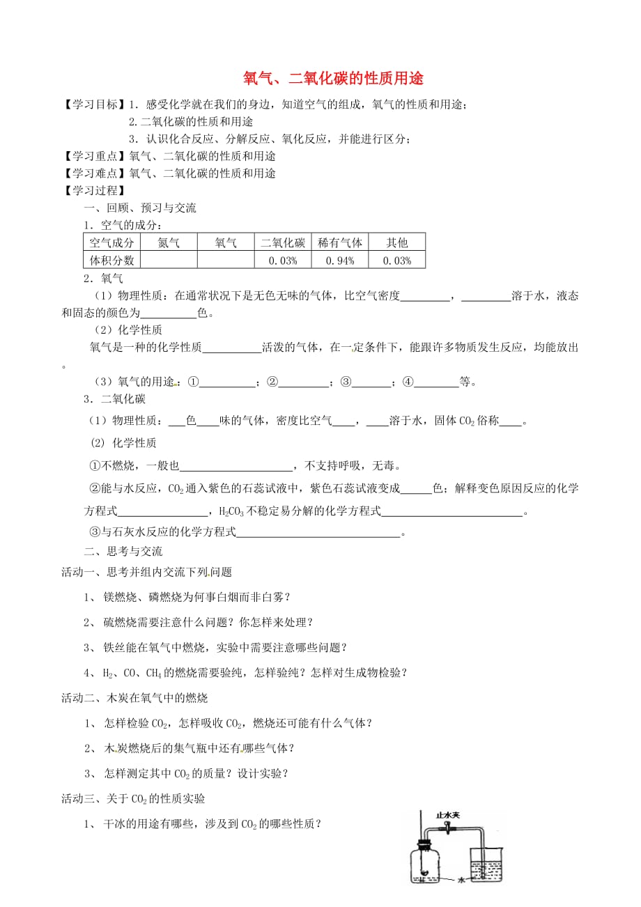 江苏省高邮市车逻镇初级中学2020届中考化学一轮复习2《氧气、二氧化碳的性质用途》学案（无答案）_第1页