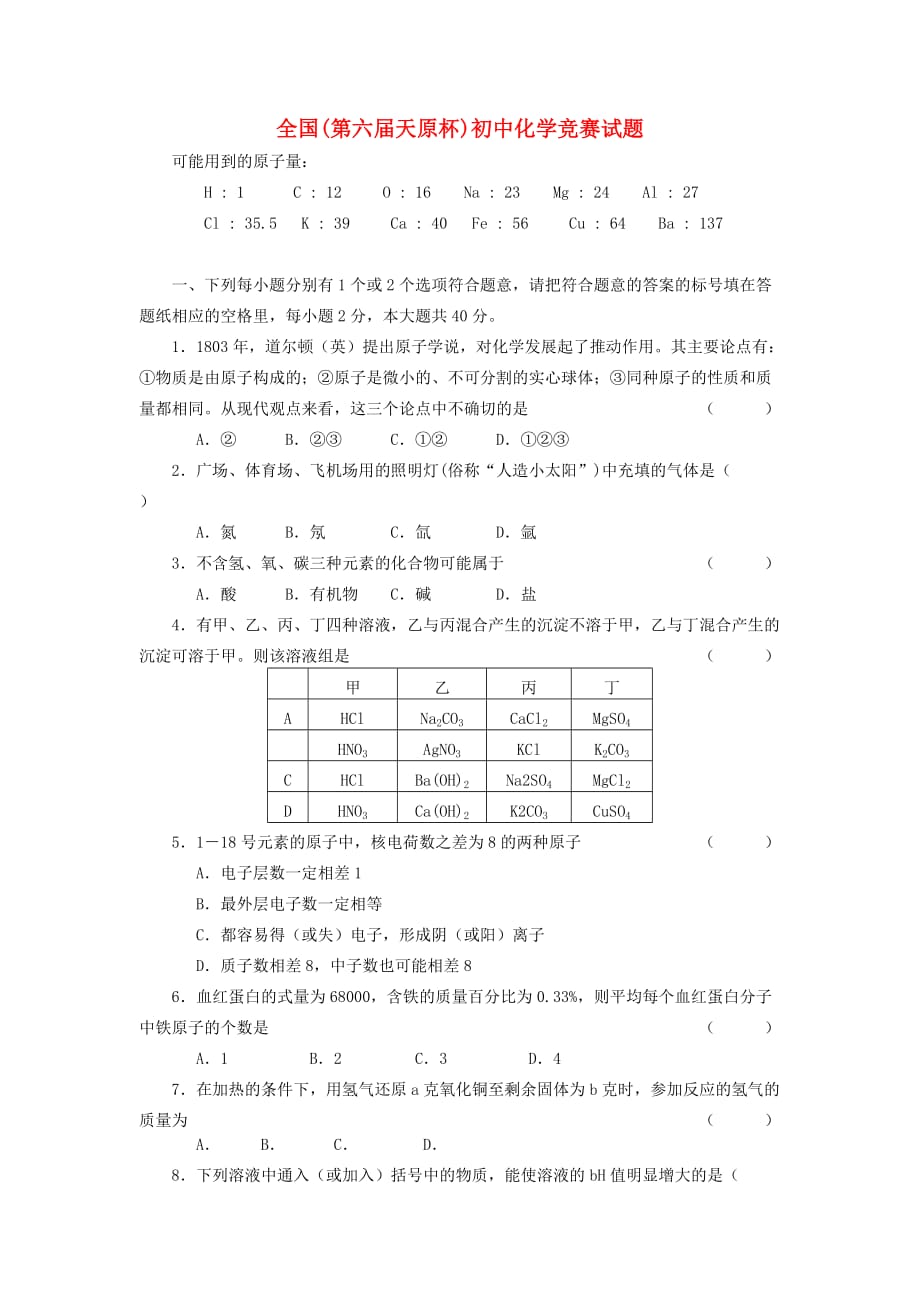 第六届全国“天原杯”初中化学竞赛试题_第1页