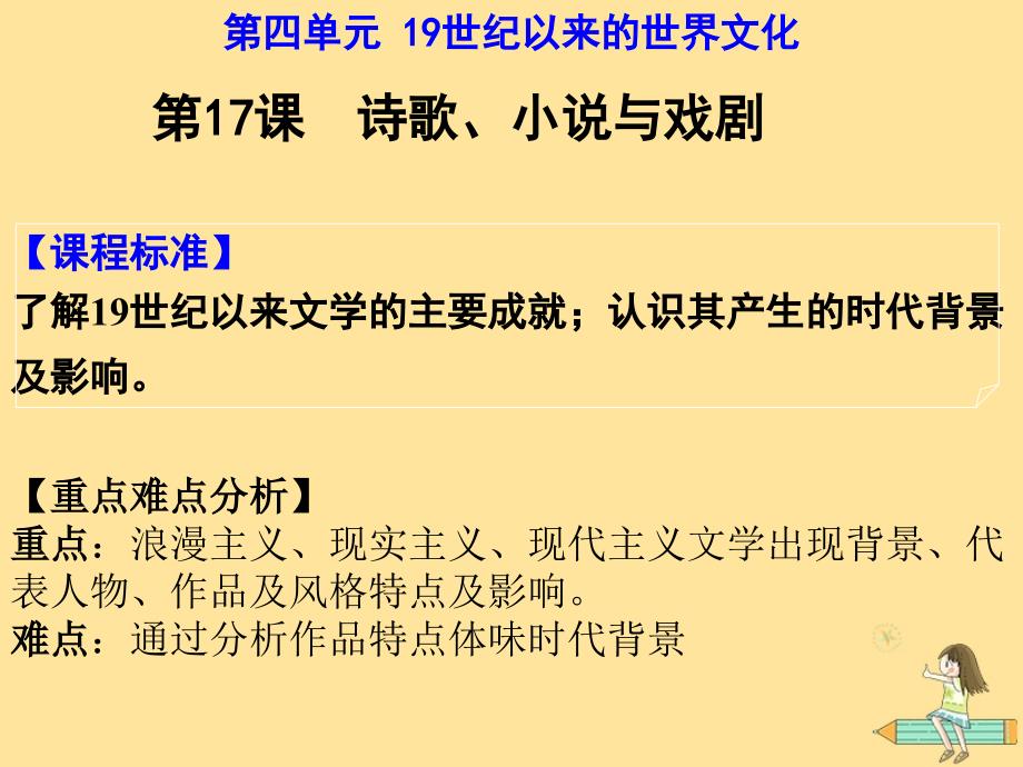 2018年高中历史 第三单元 从人文精神之源到科学理性时代 第17课 诗歌、小说与戏剧课件5 岳麓版必修3_第2页