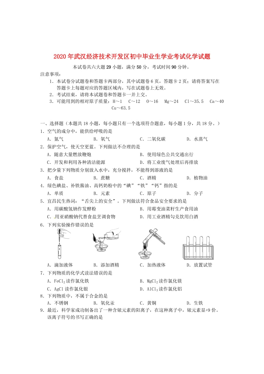 湖北省武汉经济技术开发区第四中学2020届初中化学毕业生学业考试试题（无答案）_第1页