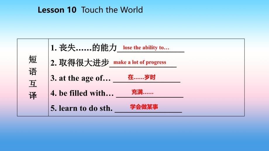 2018年秋九年级英语上册 Unit 2 Great People Lesson 10 Touch the World导学课件 （新版）冀教版_第5页