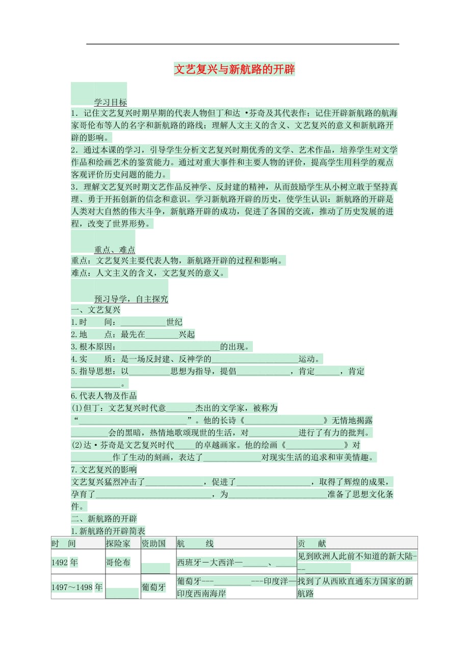 九年级历史上册 第12课 文艺复兴与新航路的开辟导学案（无答案） 川教版_第1页