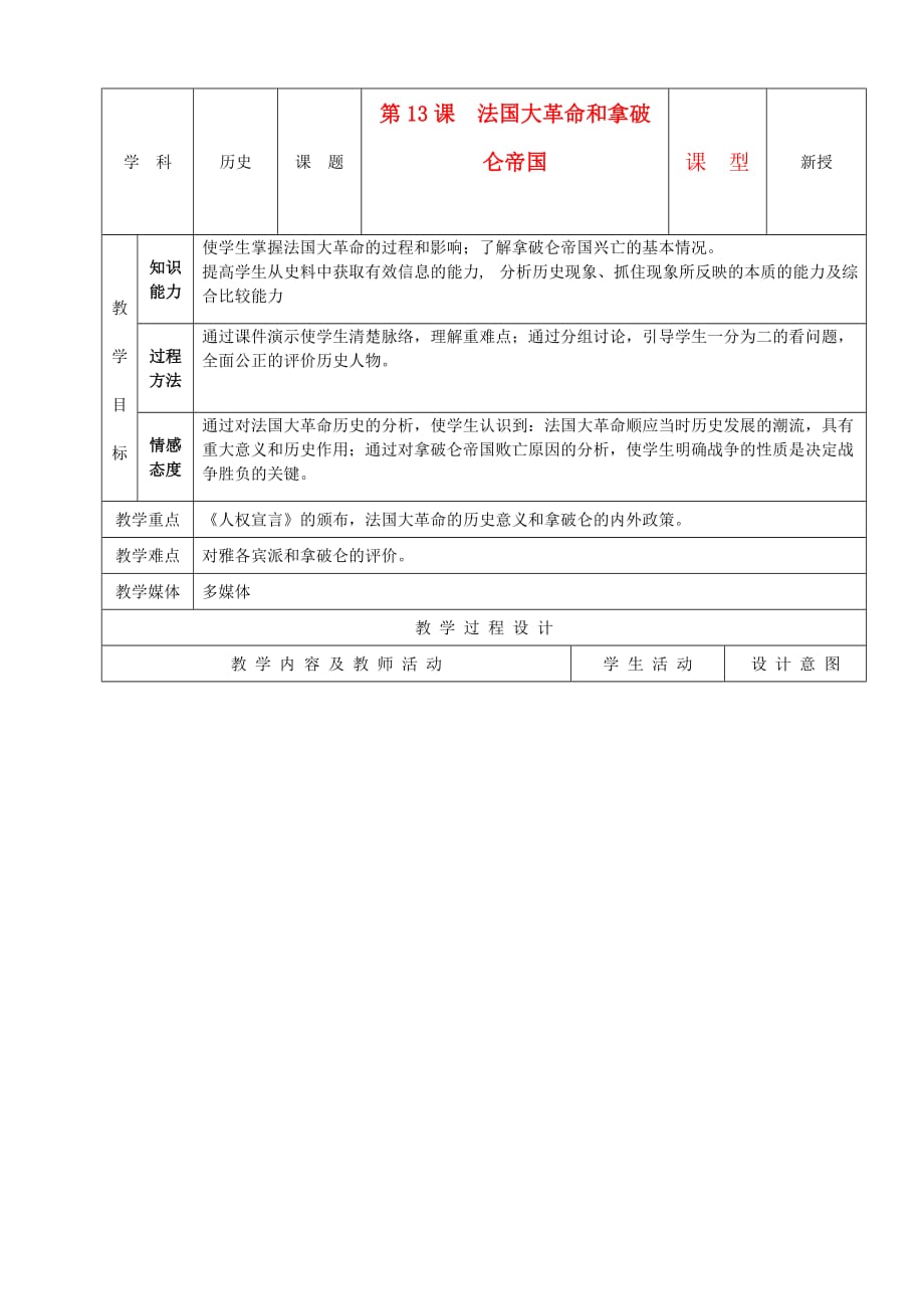 九年级历史上册 第13课法国大革命和拿破仑帝国示范教案 人教新课标版_第1页