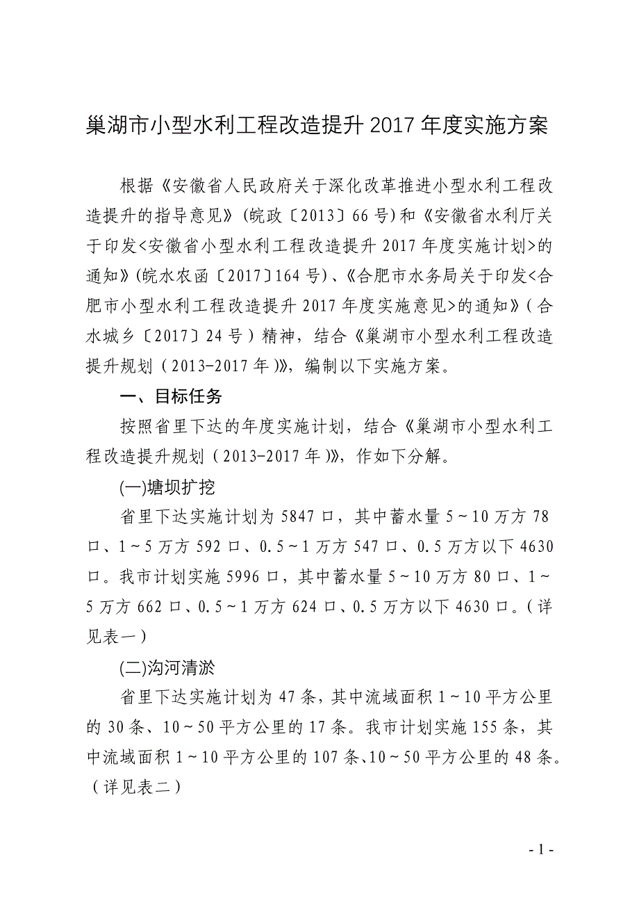 巢湖小型水利工程改造提升2017实施方案_第1页