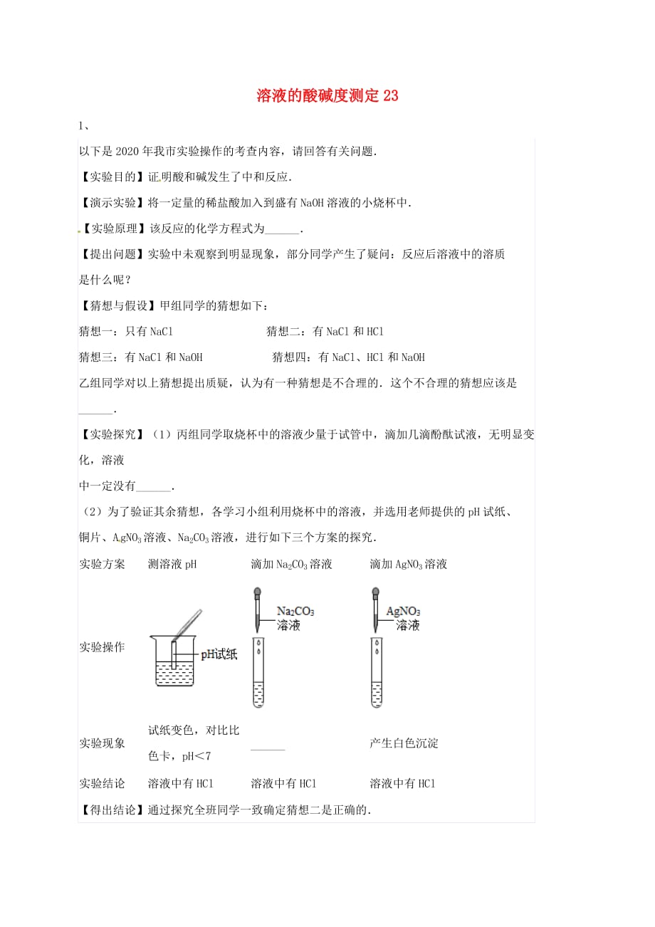 吉林省吉林市中考化学复习练习 溶液的酸碱度测定23（无答案） 新人教版（通用）_第1页