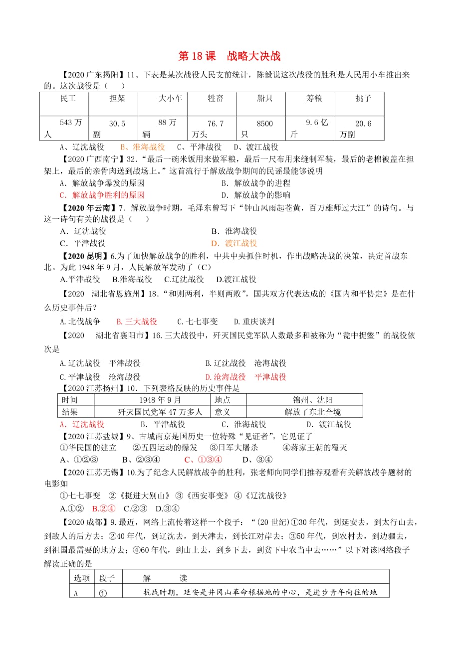 2020中考历史真题分类汇编 八上 第18课 战略大决战_第1页