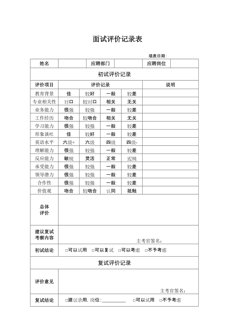 《精编》公司面试评价记录表_第1页