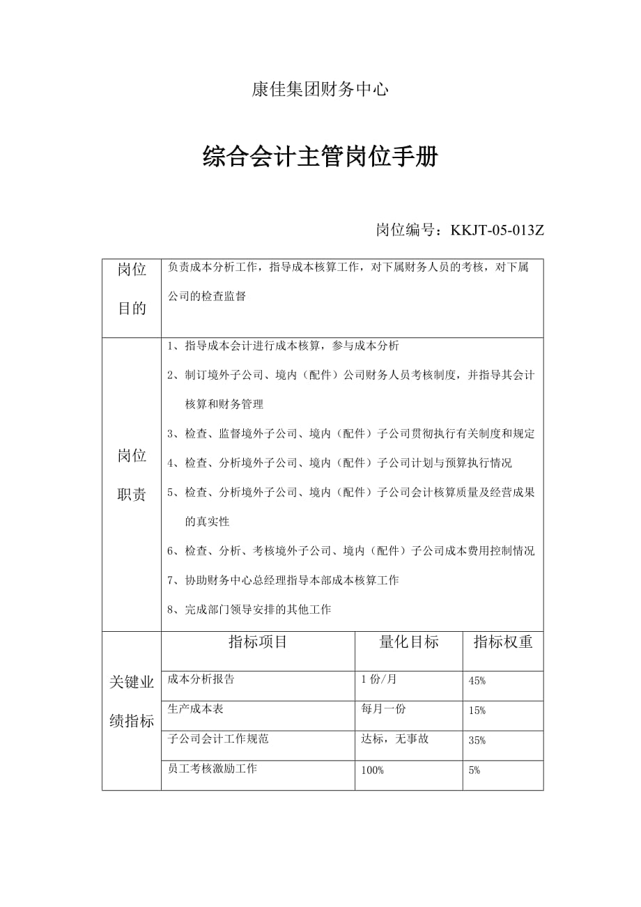 《精编》企业综合会计主管岗位职务说明_第1页