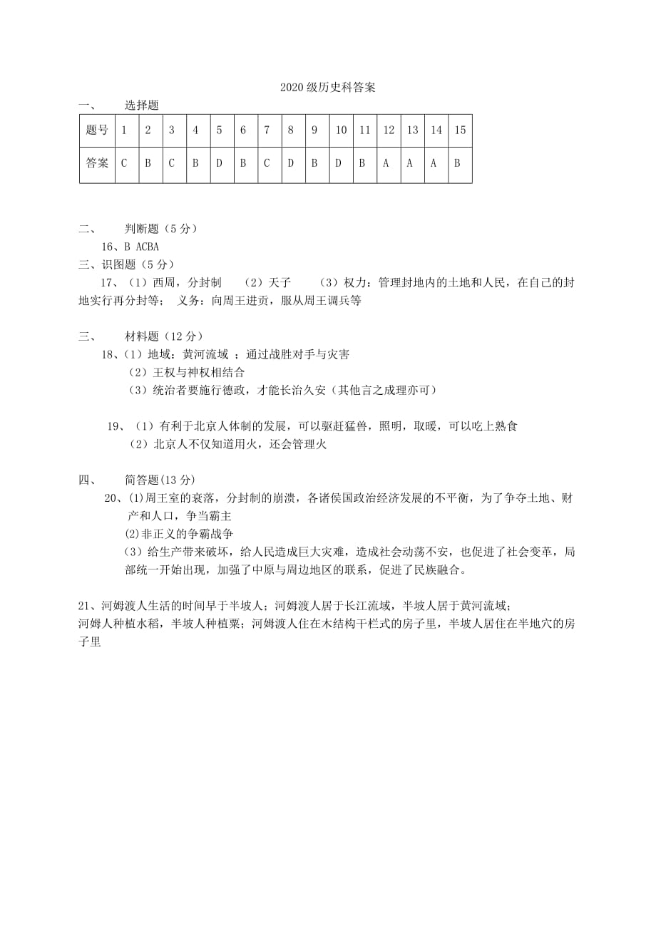 重庆市2020学年七年级历史上学期第一阶段测试试题_第4页