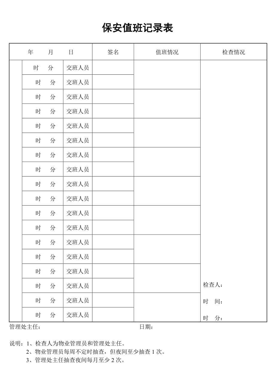 《精编》保安值班记录表格_第1页