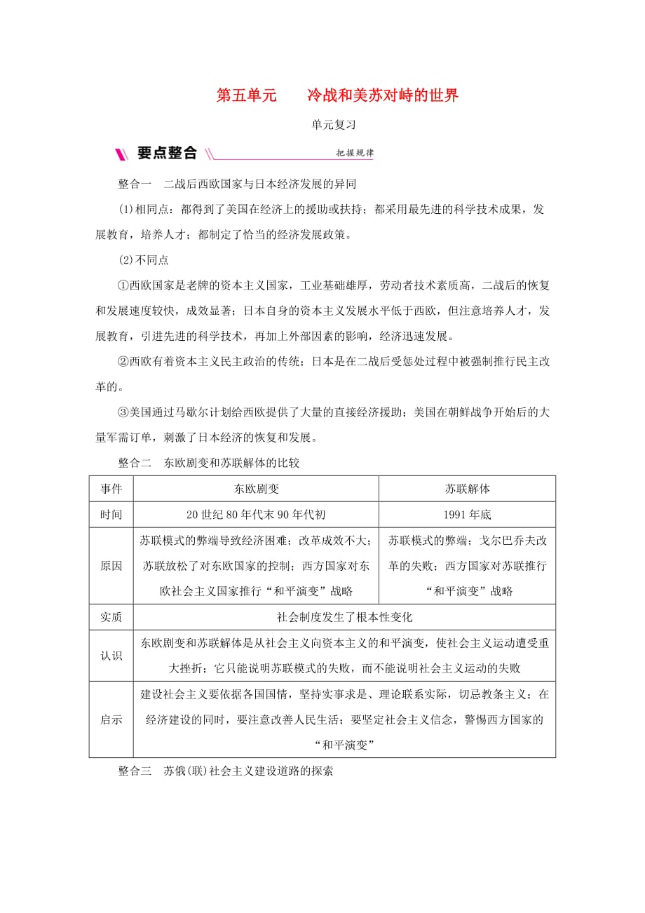 2020学年九年级历史下册 第五单元 冷战和美苏对峙的世界单元复习素材 新人教版_第1页