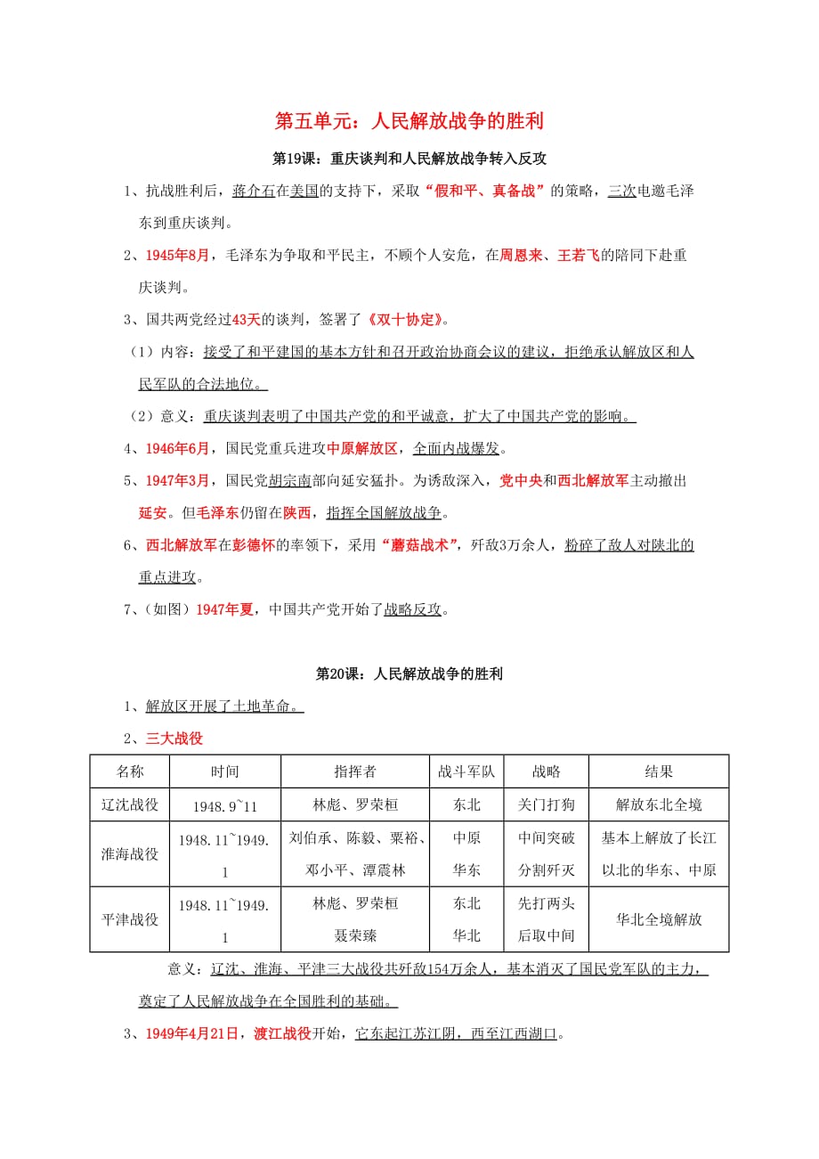 八年级历史上册 第五单元《人民解放战争的胜利》复习提纲 岳麓版_第1页