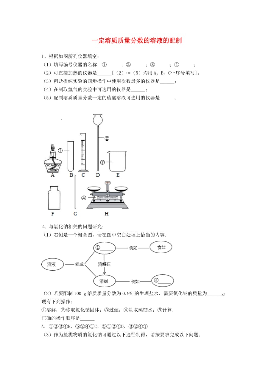 吉林省吉林市中考化学复习练习 一定溶质质量分数的溶液的配制15（无答案） 新人教版（通用）_第1页