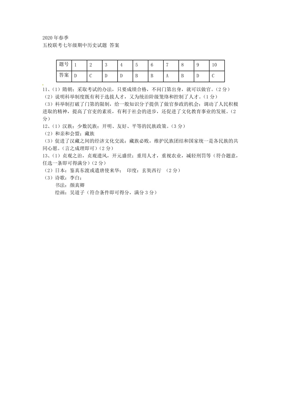 湖北省黄冈市五校联考2020学年七年级历史下学期期中试题 新人教版_第4页