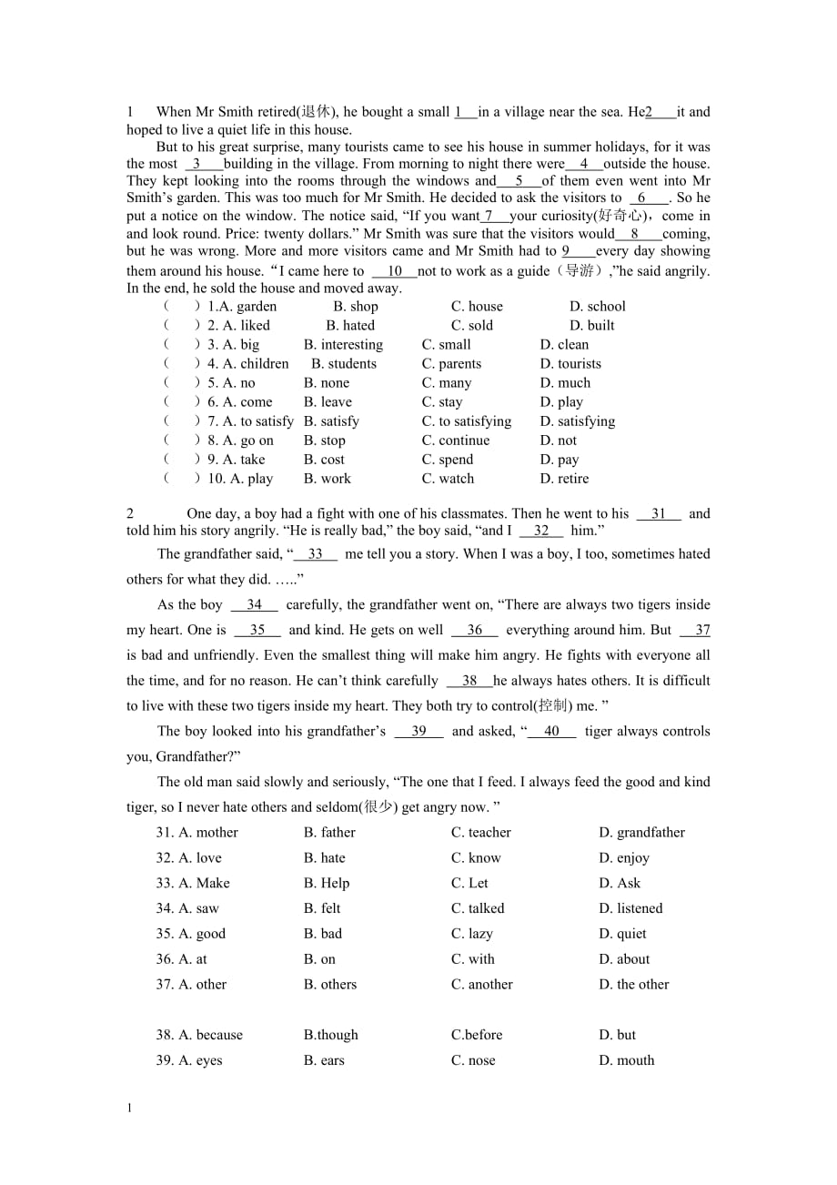 新版八年级上册英语完形填空专项练习(含答案)资料教程_第1页