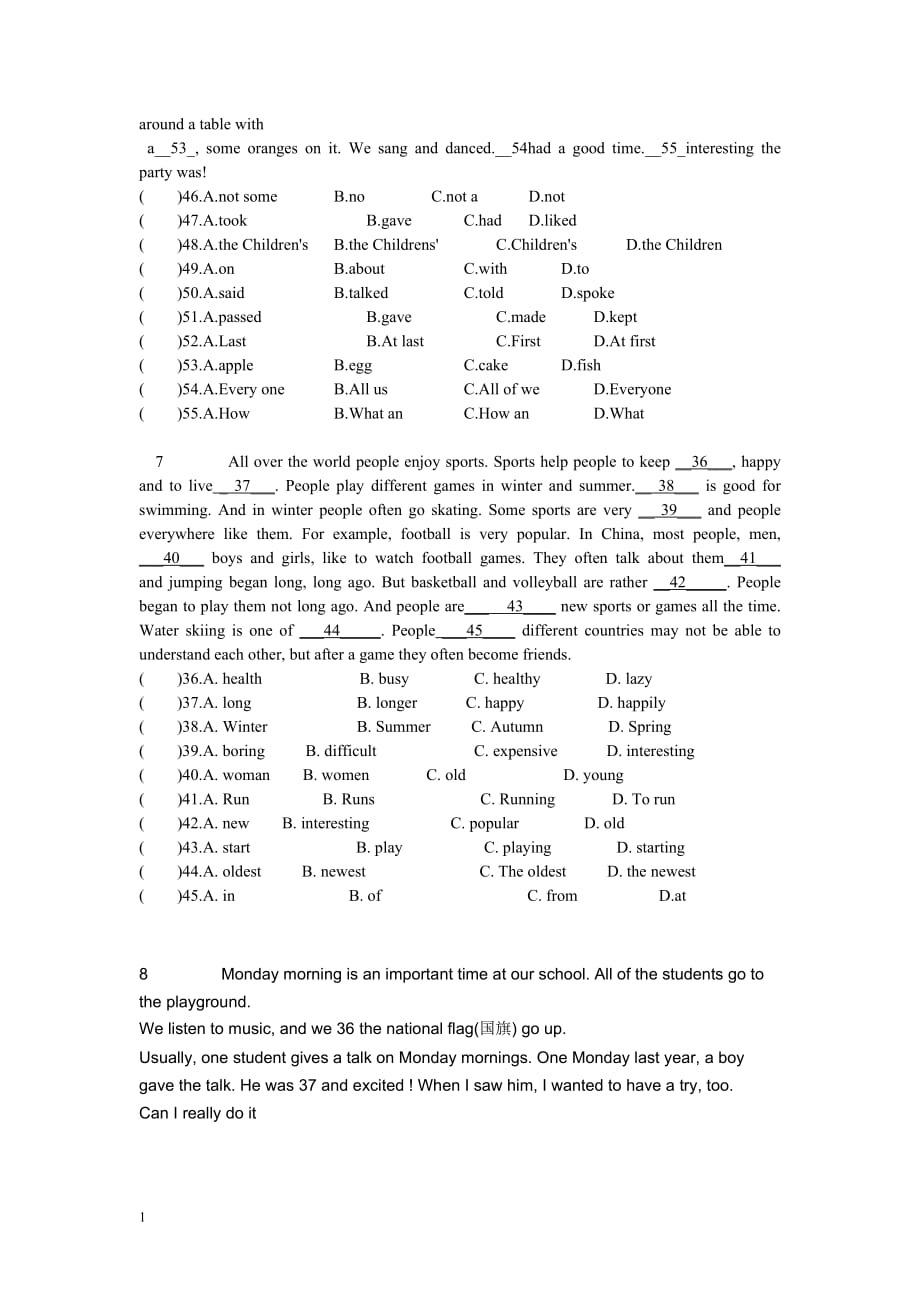 新版八年级上册英语完形填空专项练习(含答案)资料教程_第4页